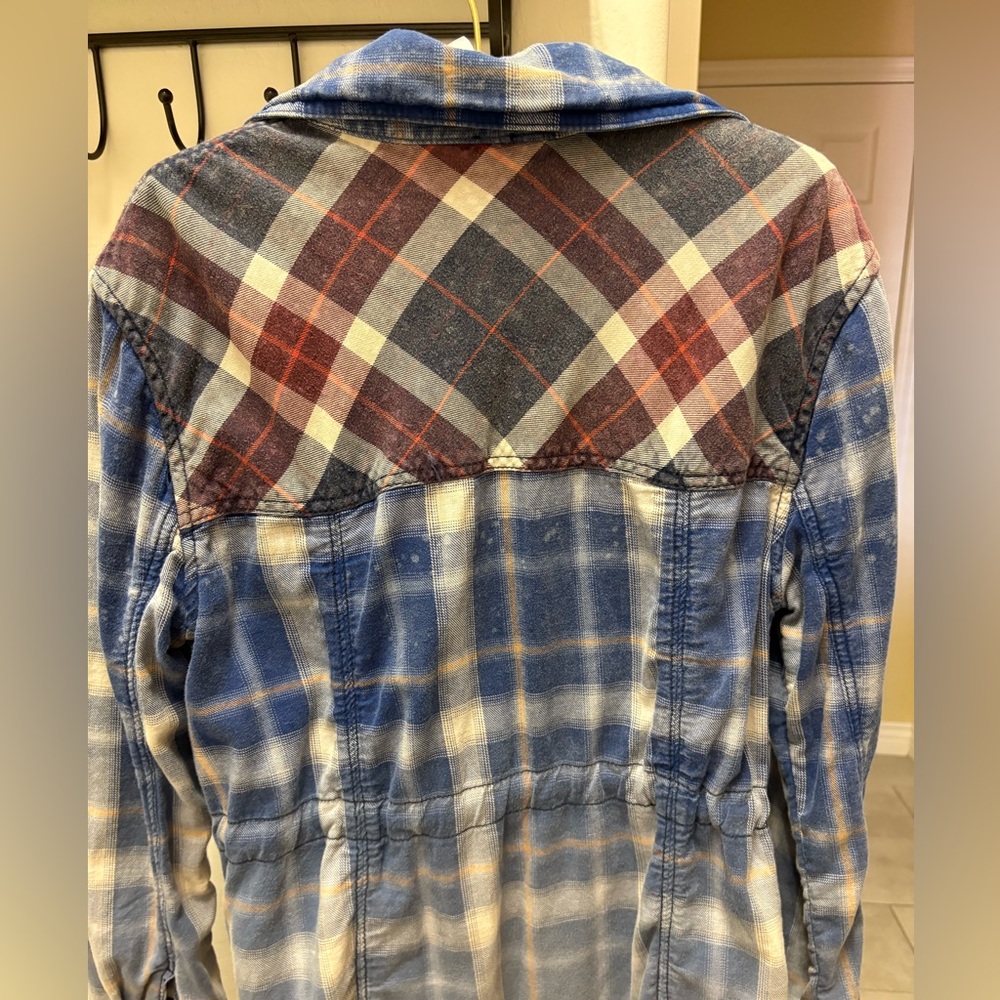 Free People Plaid Blue and Red Long Duster Trench Coat - Picture 6 of 7